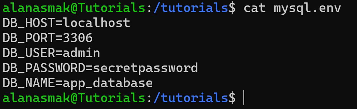 Example of a basic environment file that stores values for a MySQL database connection.