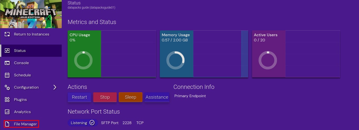 Game Panel GUI in Minecraft server configuration with "File Manager" highlighted