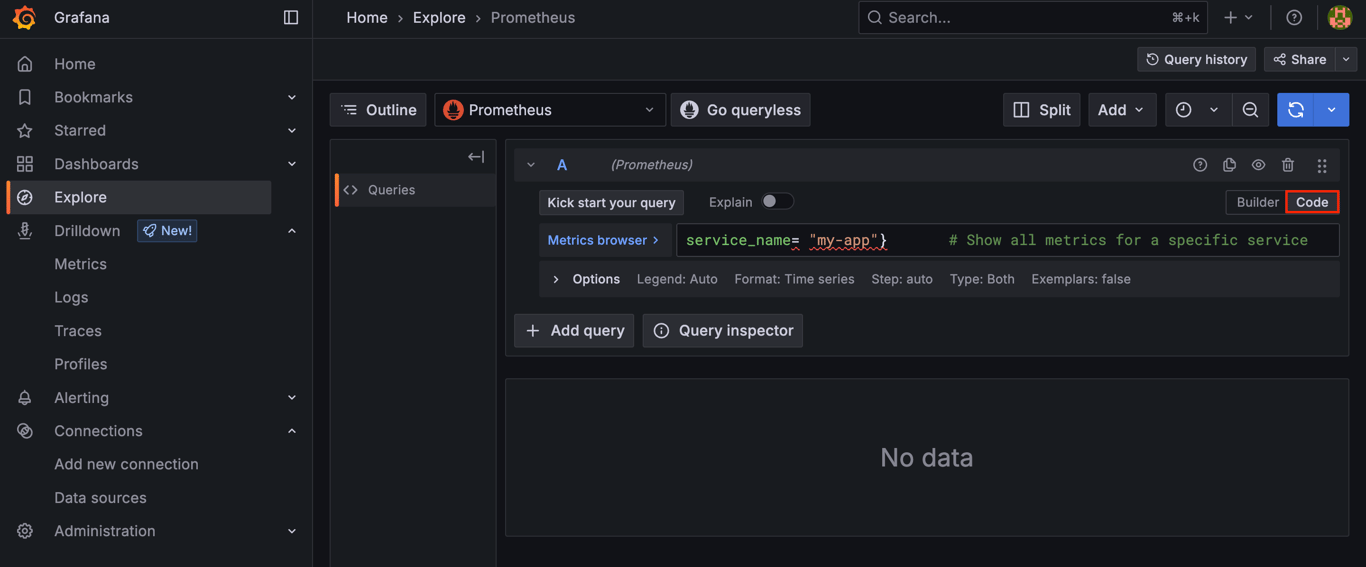 The Explore section for Prometheus in Grafana
