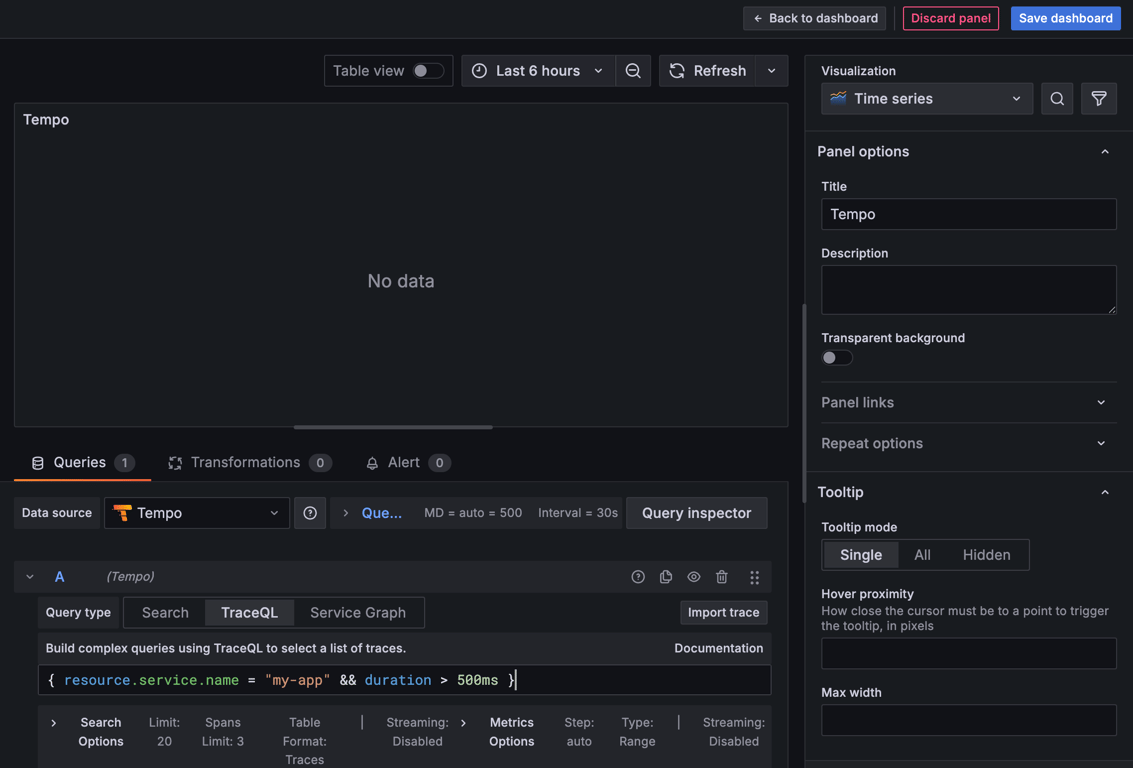 The panel editor page for Tempo in Grafana