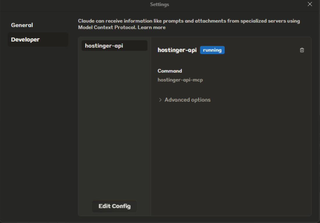 Hostinger API MCP server status in Claude