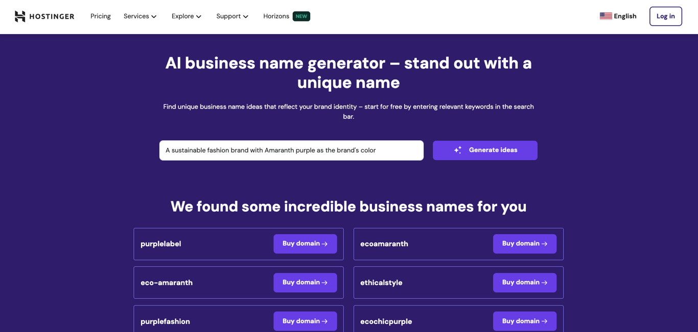 Hostinger AI Business Name Generator, showing business name ideas based on the entered description