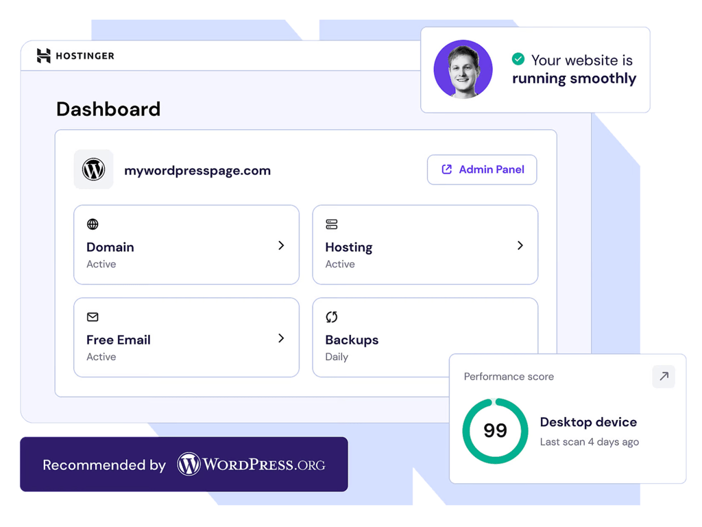 Hostinger dashboard showing a WordPress website management panel with domain, hosting, free email, and backups active, and a performance score