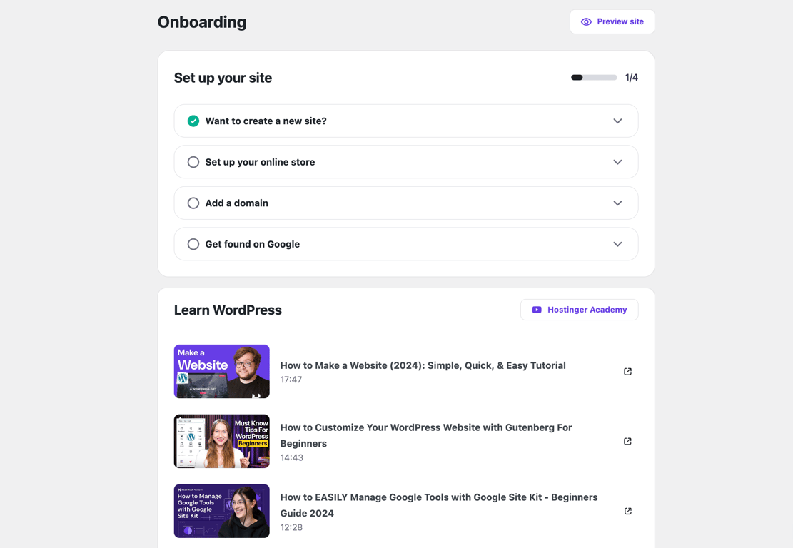 Hostinger's Easy Onboarding plugin's interface for WooCommerce