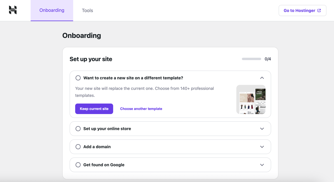 The Hostinger's Easy Onboarding WordPress plugin's interface