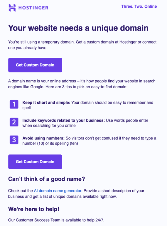 Hostinger email post-purchase, offering tips on choosing a domain along with a link to connect to a custom domain
