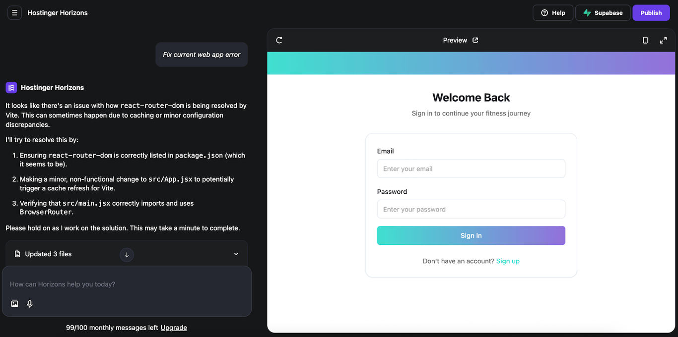 Hostinger Horizons user interface