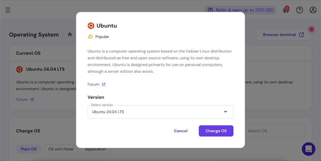Image displaying hpanel with Ubuntu setup wizard open