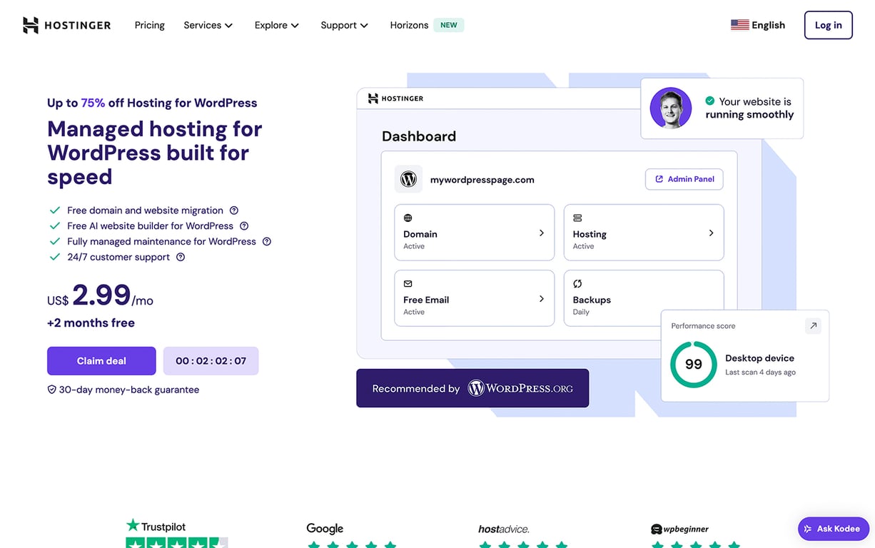 Hostinger web page advertising managed WordPress hosting, showing a dashboard interface, pricing details, and a performance score for desktop devices