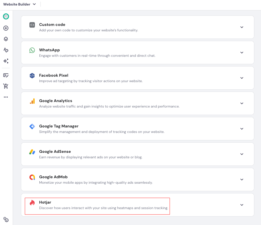 Hostinger Website Builder integrations menu with Hotjar highlighted