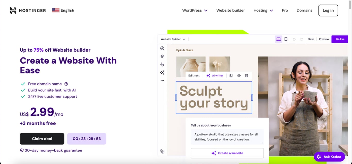 Hostinger Website Builder homepage showing a promotional banner for creating websites with AI, priced at .99 per month with 24/7 support