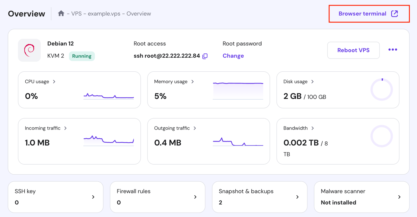 The Browser terminal button in the Overview page of hPanel's VPS
