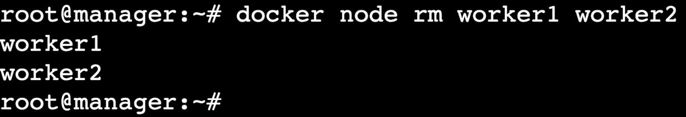 A terminal output showing the worker1 and worker2 nodes are removed from the node list

