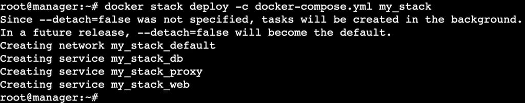 A terminal output showing the deployment process of a stack