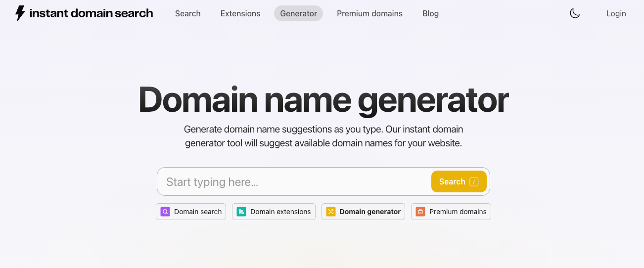 Instant domain search with domain name generator field