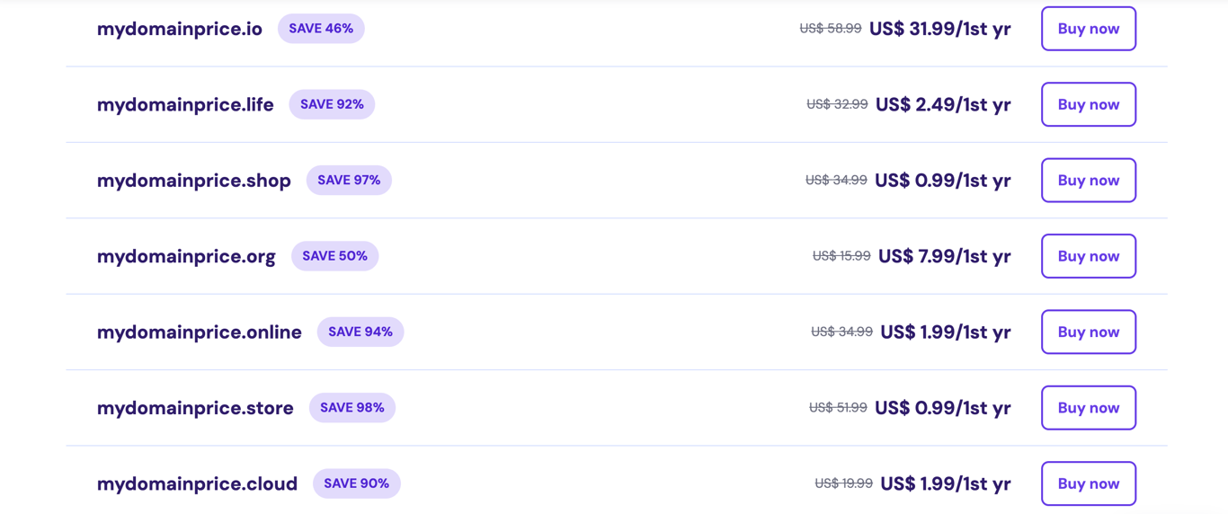 A list of possible domain names and extensions with prices and Buy Now button and with the .io extension on top