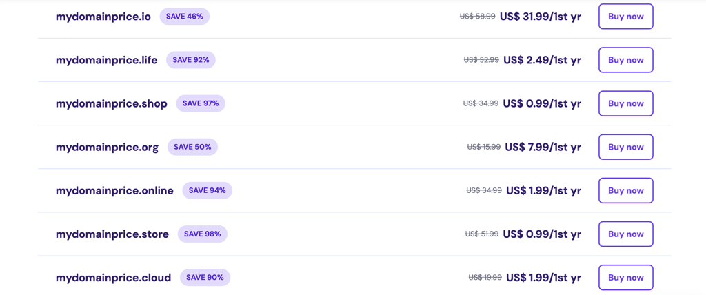 A list of possible domain names and extensions with prices and Buy Now button and with the .io extension on top