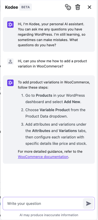 An example conversation in Kodee, Hostinger's AI Assistant