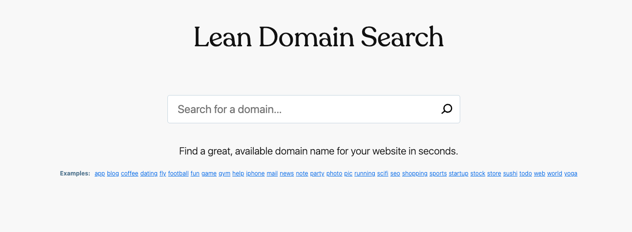 Lean domain search landing page with search field