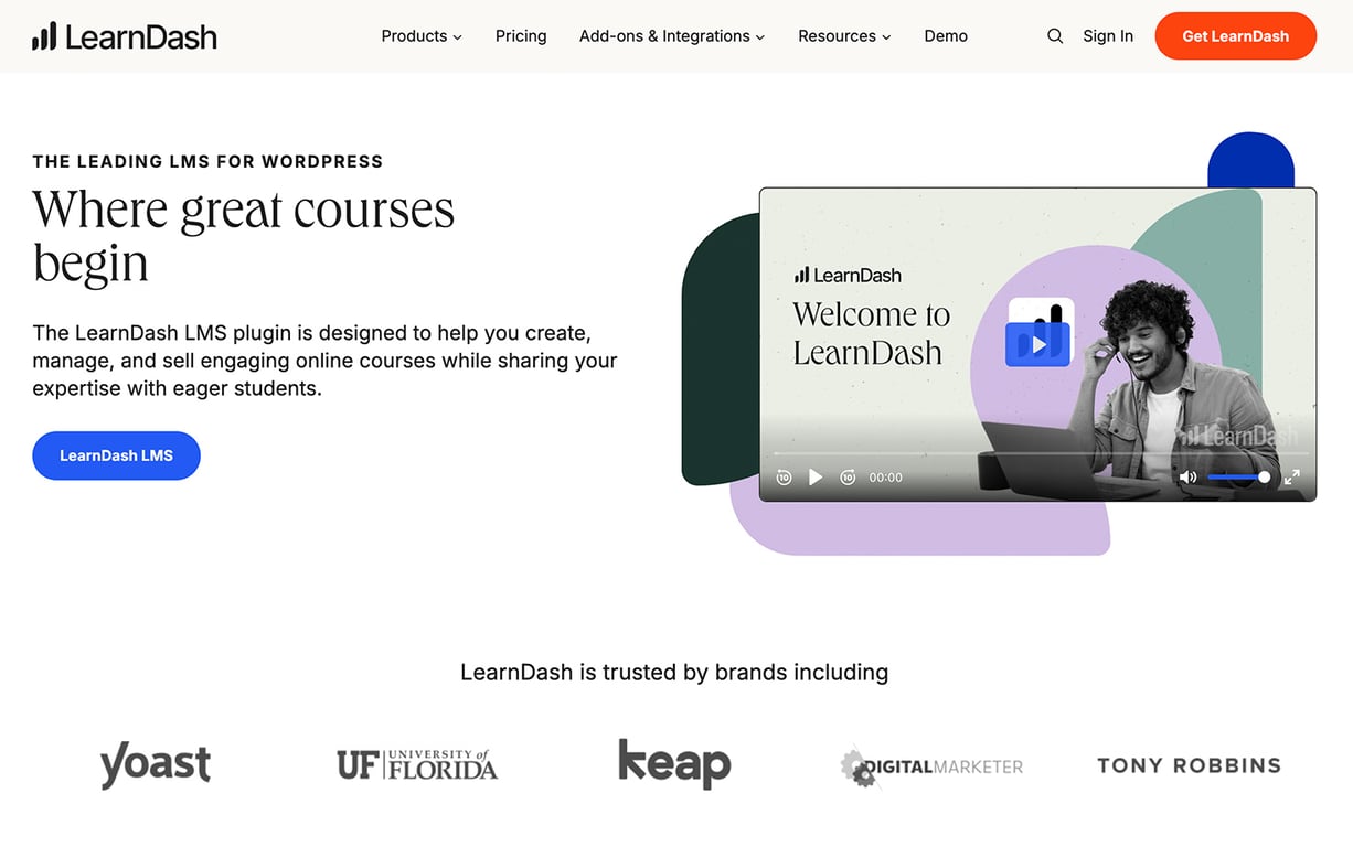 LearnDash plugin homepage with a large headline promoting online course creation, a welcome video, and logos of trusted brands