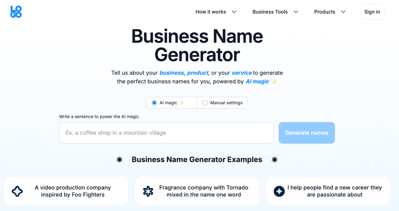 Logo.com business name generator with search field