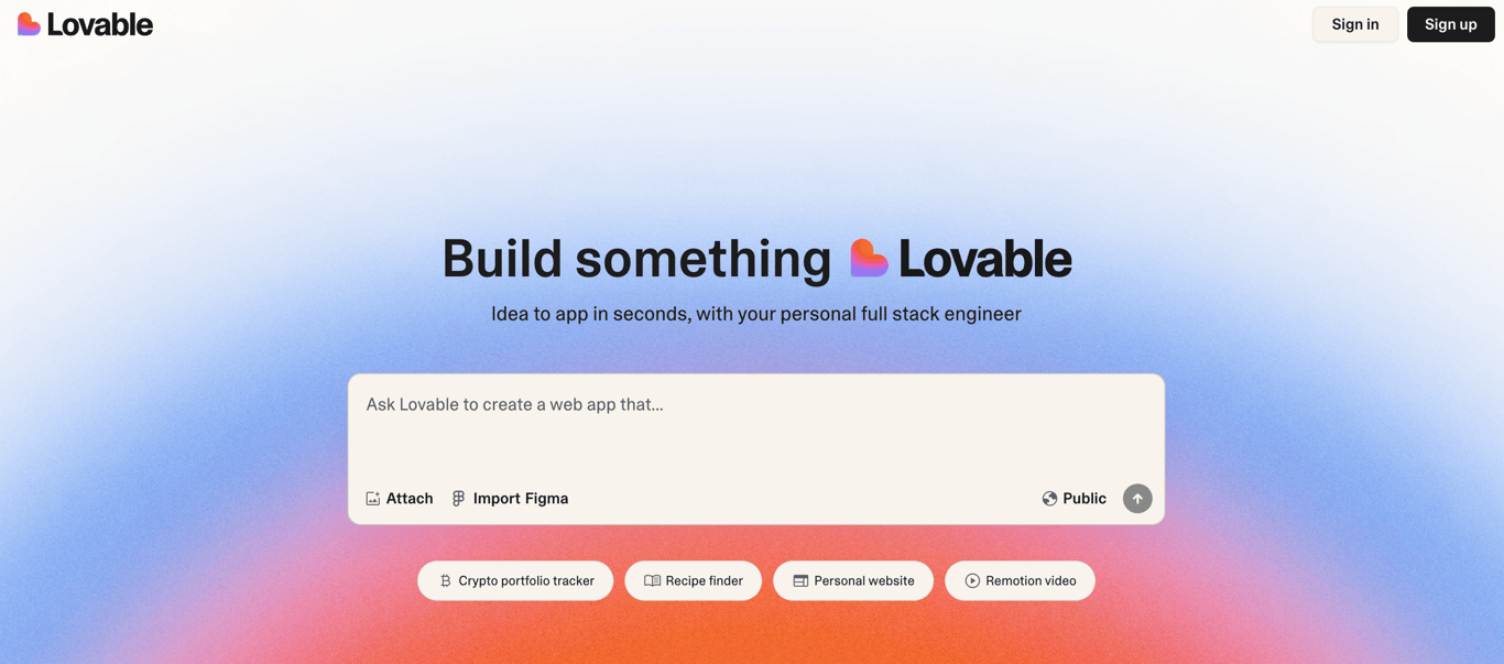 Homepage of Lovable