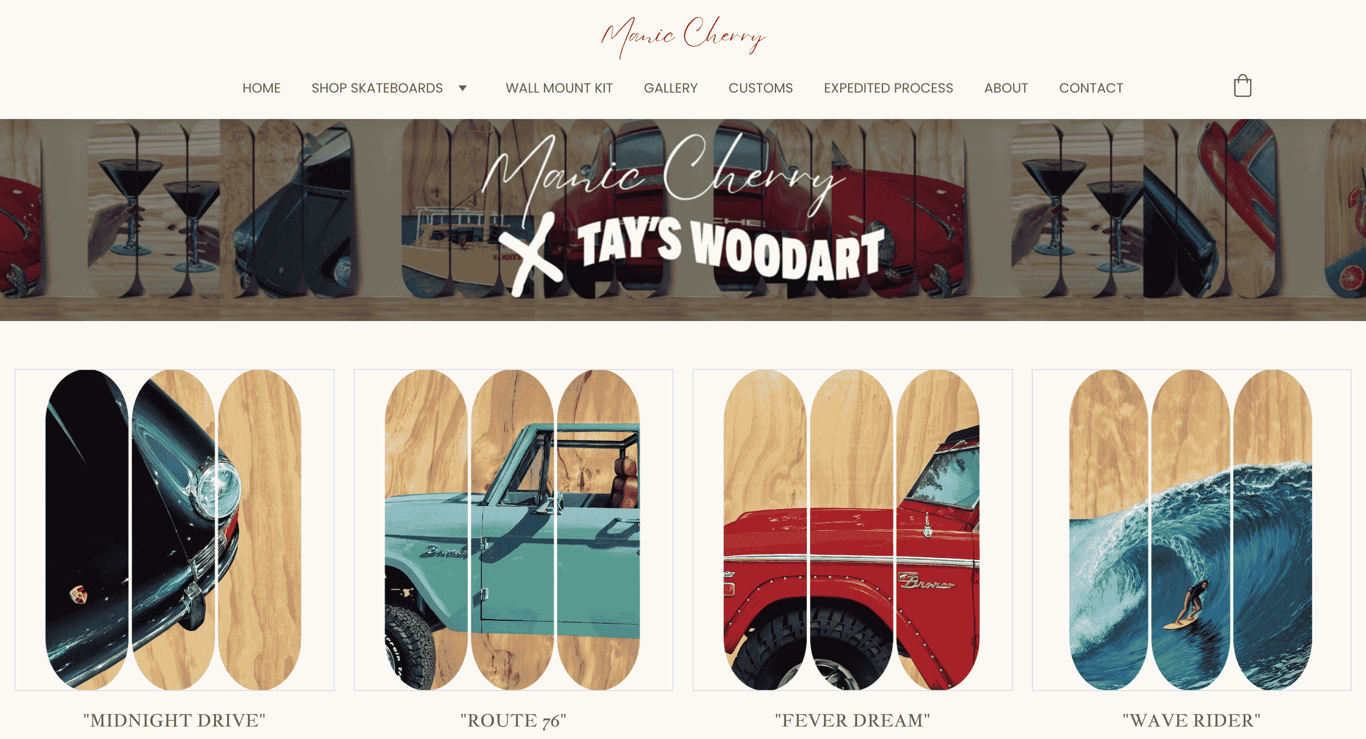 Category page of Manic Cherry x Tay's Woodart products
