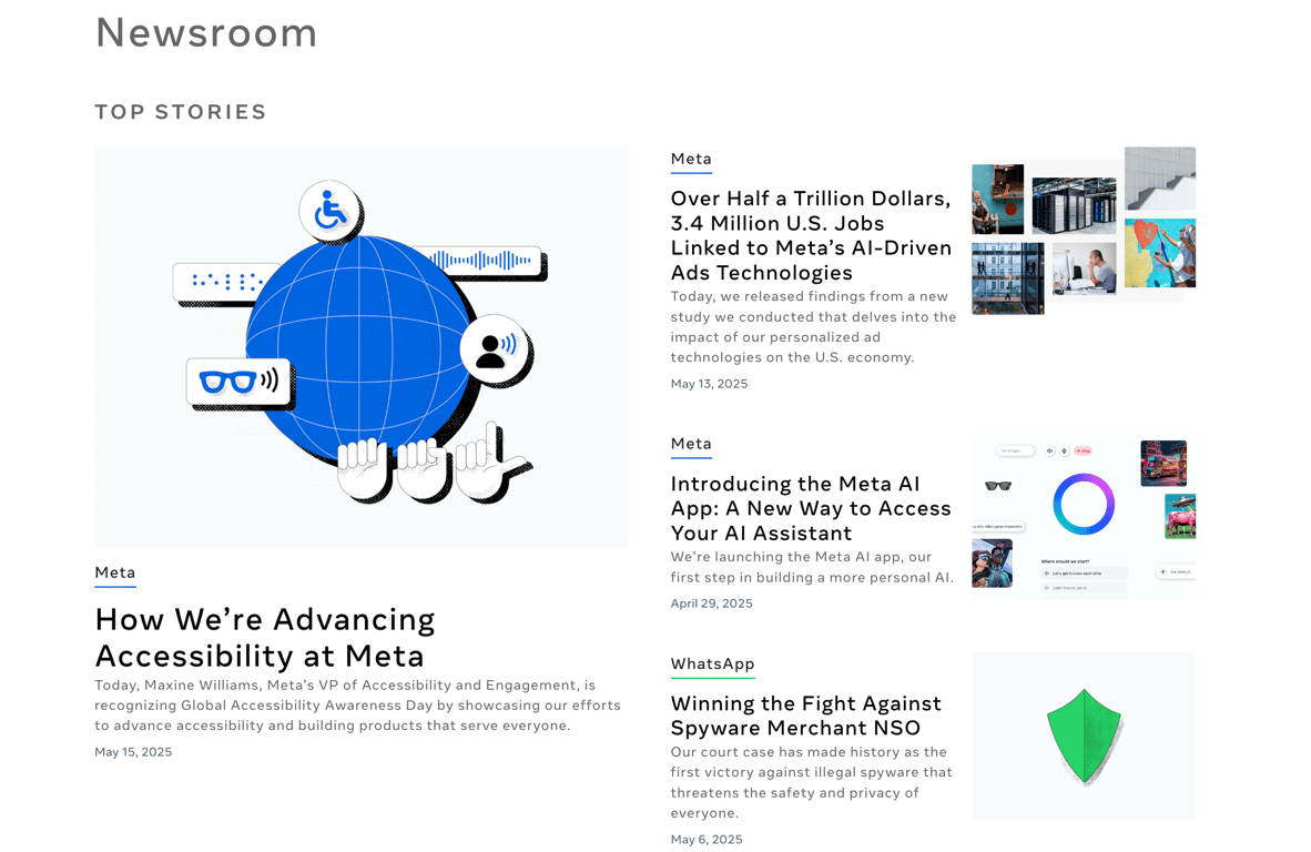 The Meta Newsroom home page
