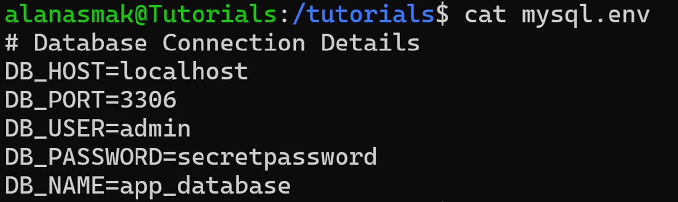Sample environment file for MySQL database connection details, including a top-line comment.