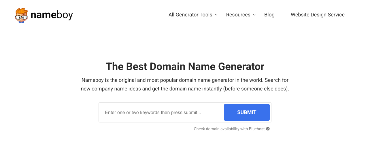 Nameboy domain name generator with search field