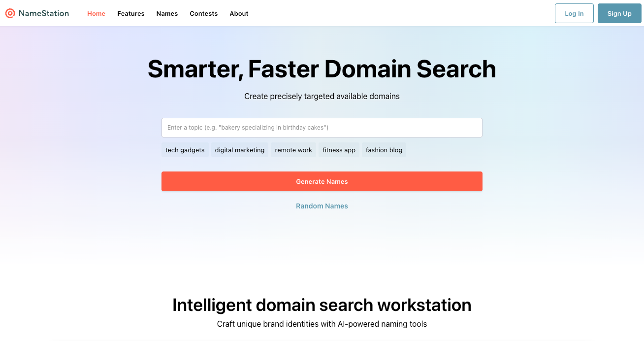 Namestation landing page with name generator search field