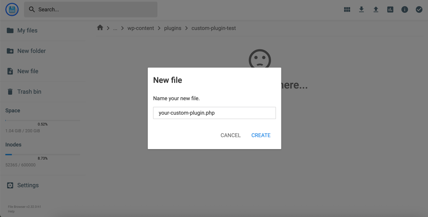 The New file popup in Hostinger File Manager