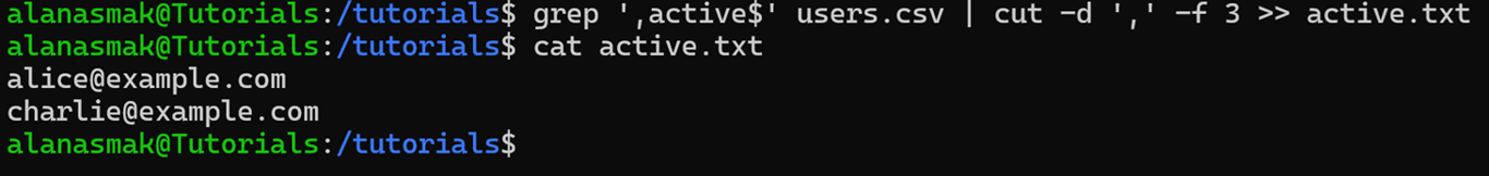 Example of the cut command being used in tandem with the grep command to produce an email list of active users.