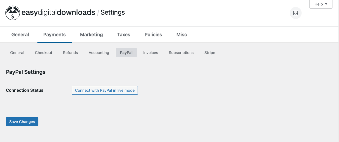 The PayPal menu in Easy Digital Downloads' payment setting