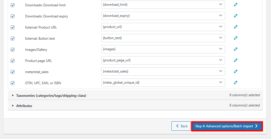 Step 3 of Product Import Export's process: Button to move to the next step