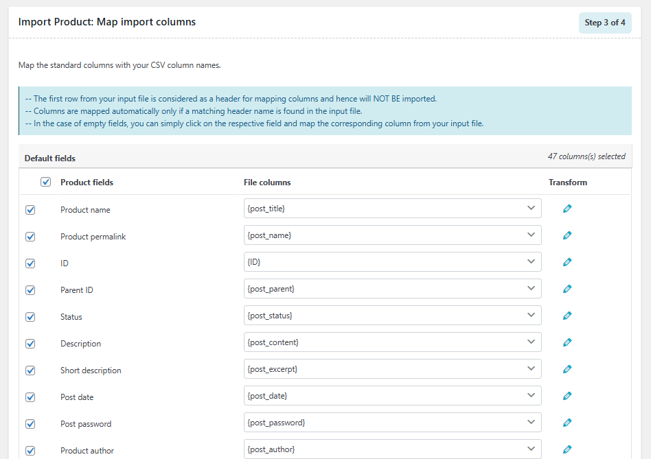 Step 3 of Product Import Export's process: Mapping CSV columns to product fields