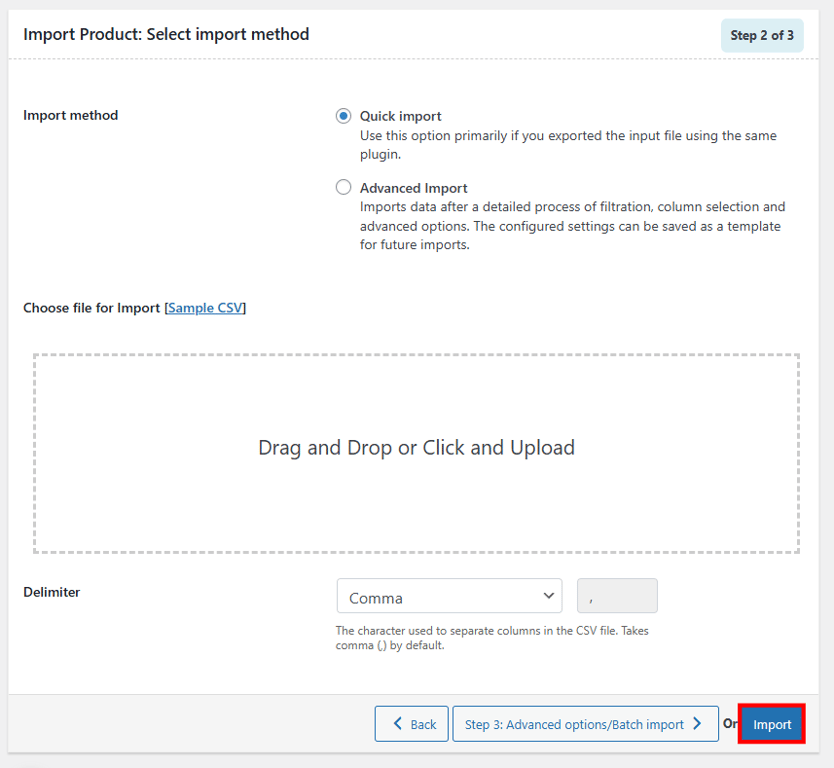 Step 2 of Product Import Export's process: Choosing quick import or advanced import