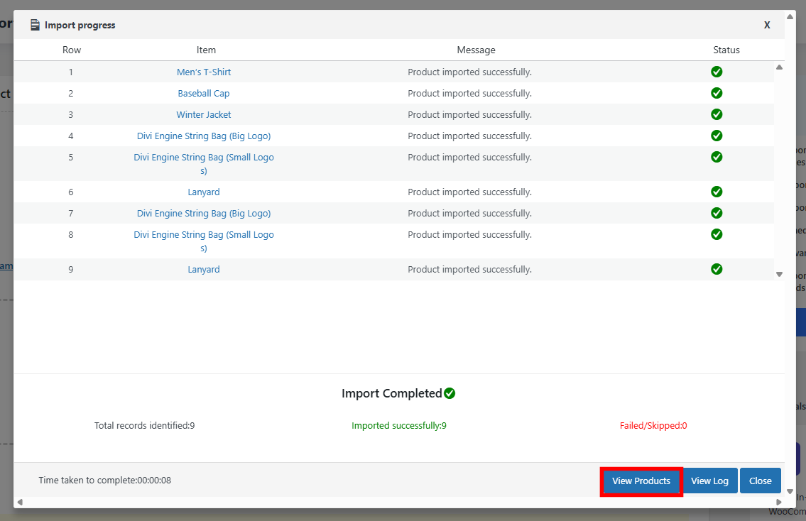 Product Import Export's success screen after a quick import