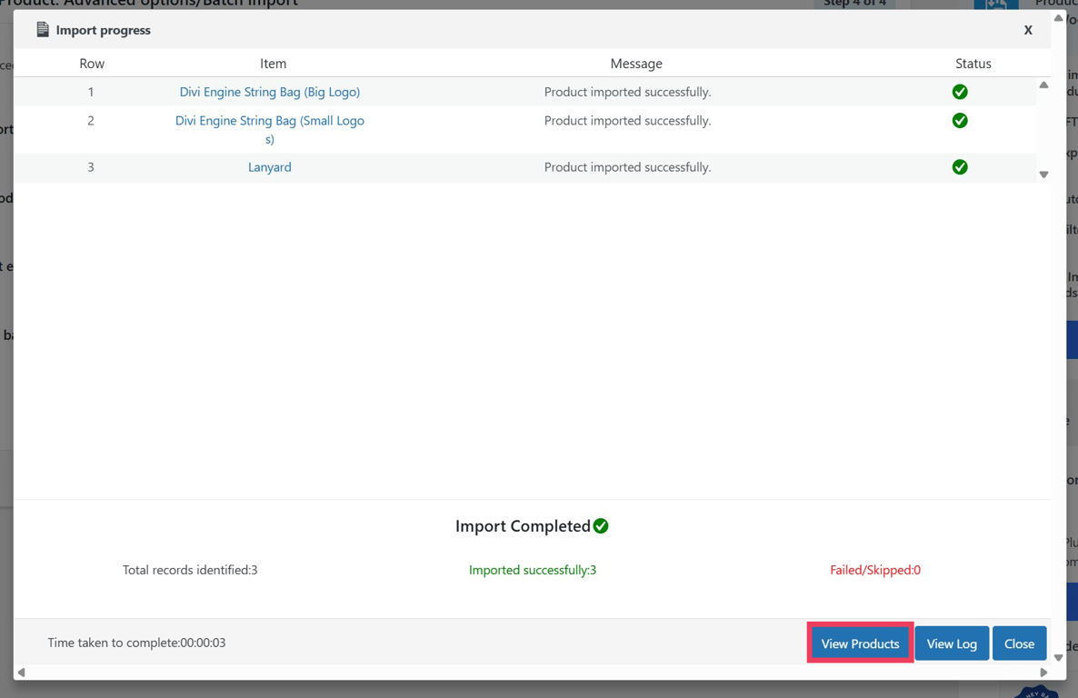 Product Import Export's success screen after an advanced import
