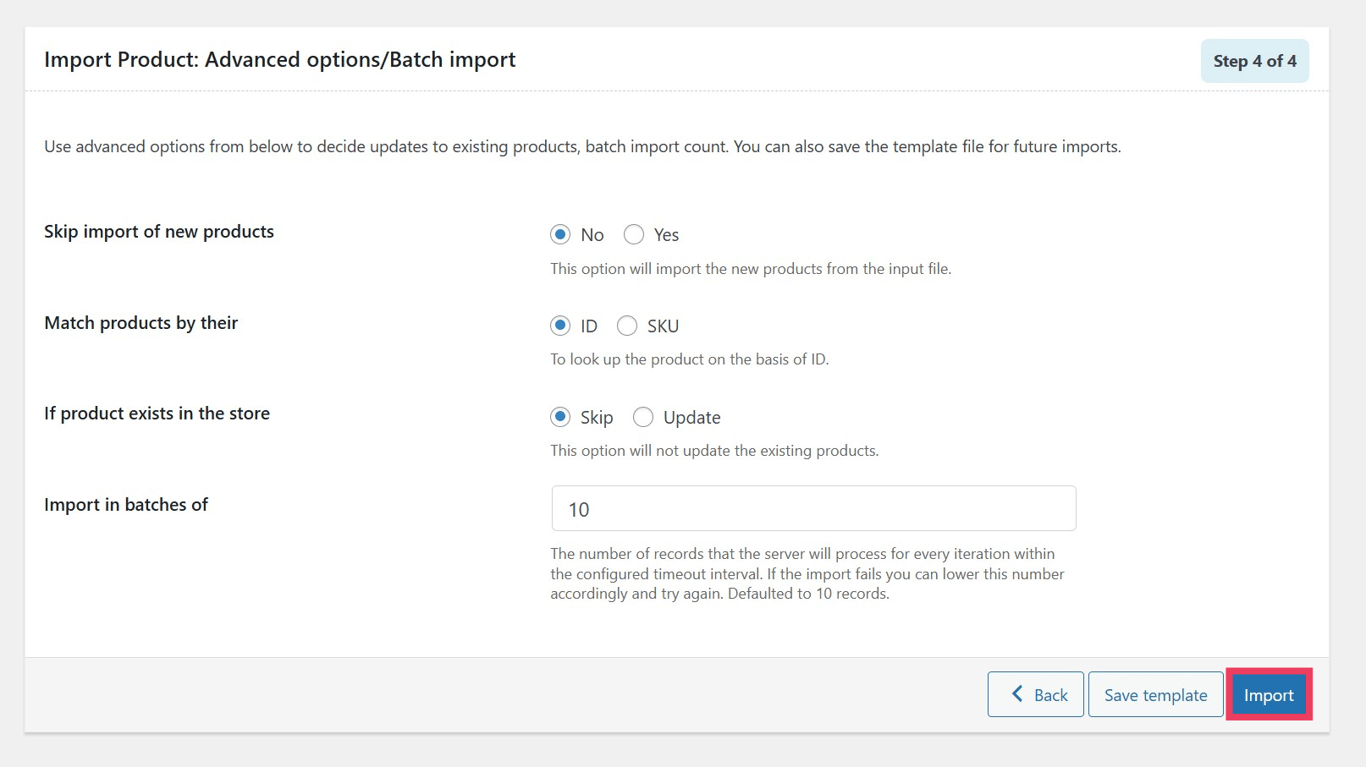 Step 4 of Product Import Export's process: Advanced options and batch import