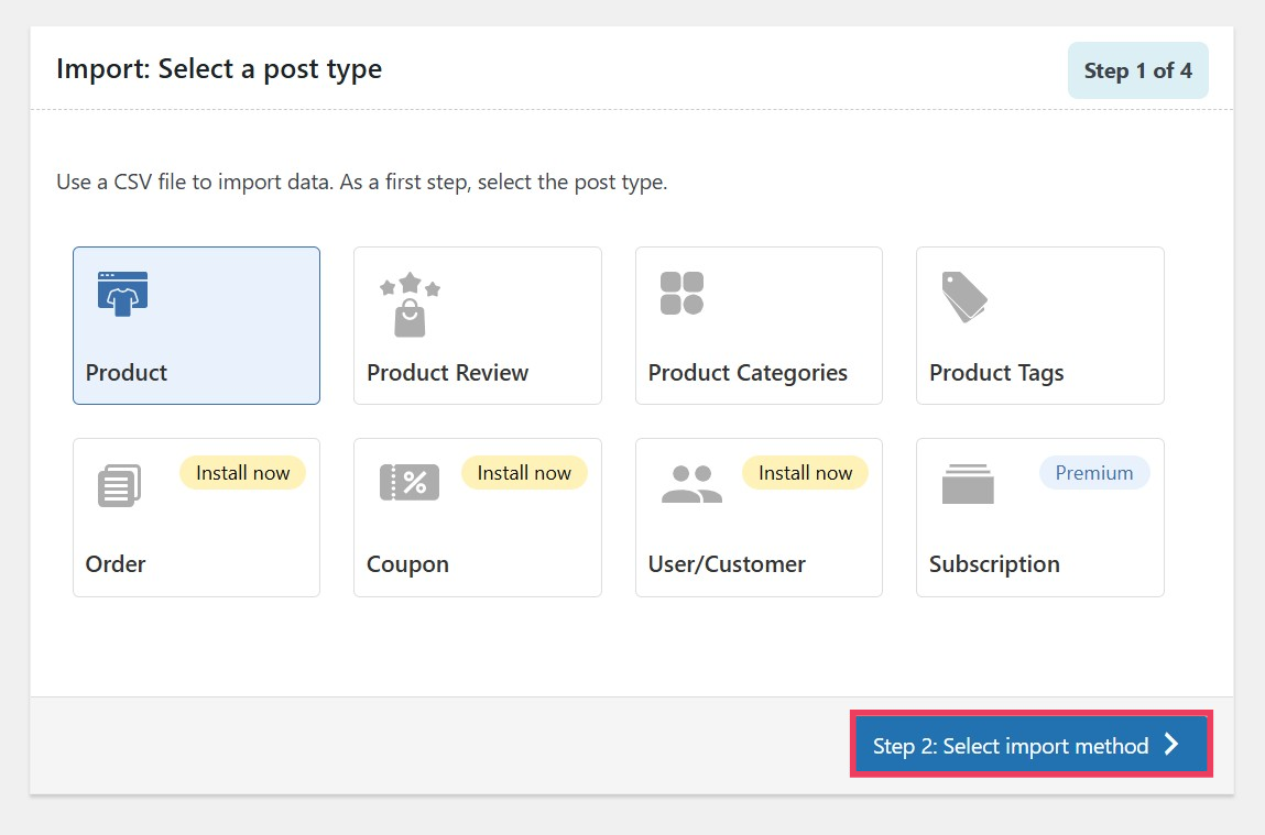 Step 1 of Product Import Export's process: Select a post type