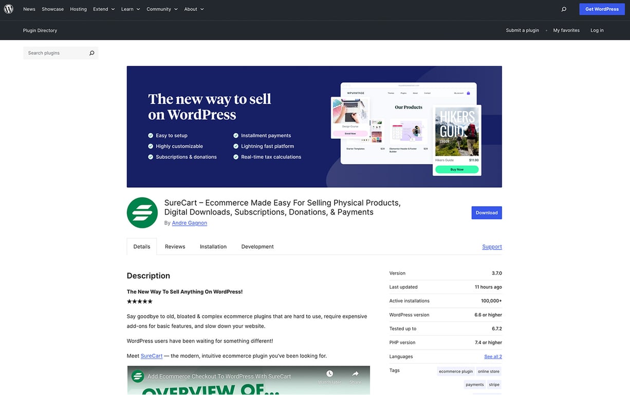 WordPress SureCart plugin page showcasing its setup screen and banner with features like real-time tax calculations, installment payments, and subscriptions