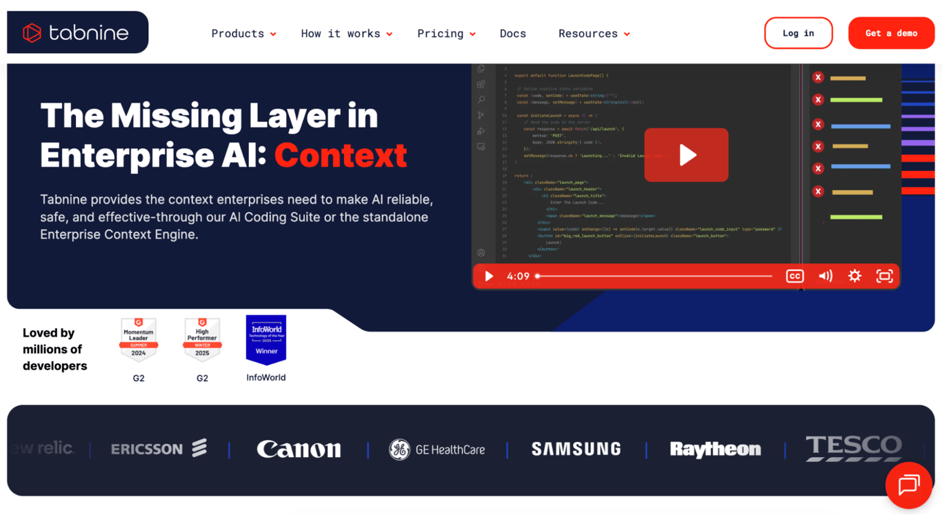 Homepage of Tabnine
