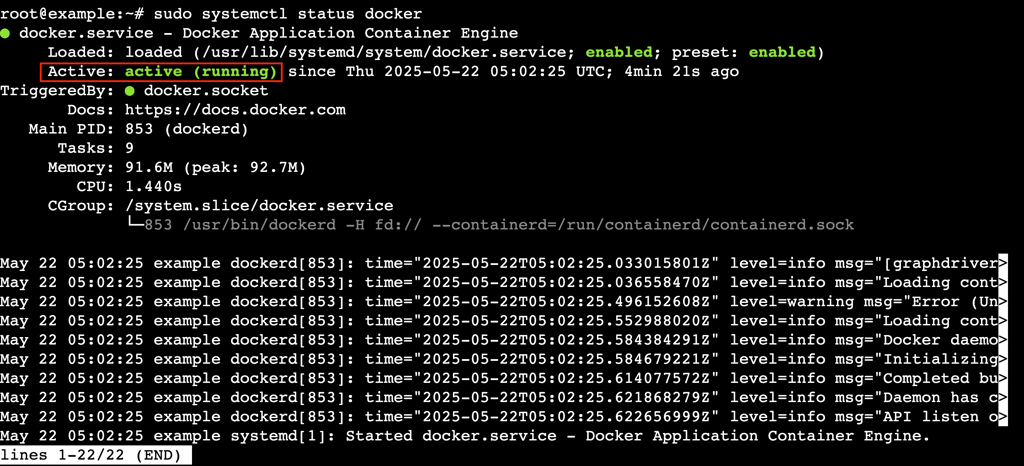 A terminal output showing that Docker is active and running