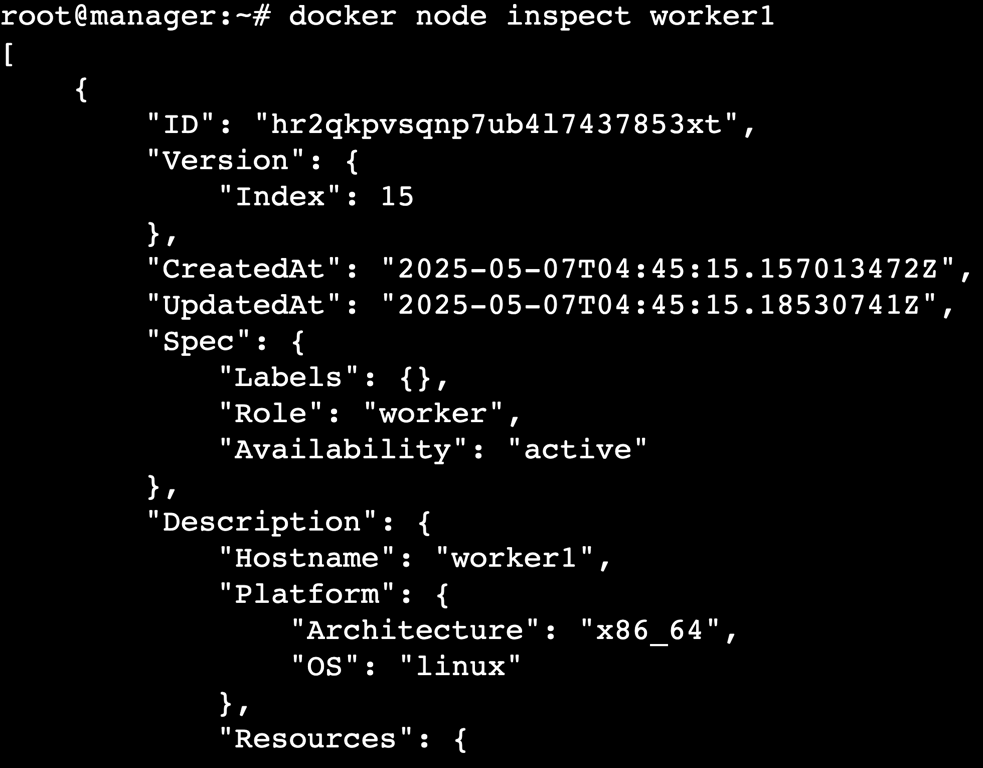 A terminal output showing the details of the worker1 node