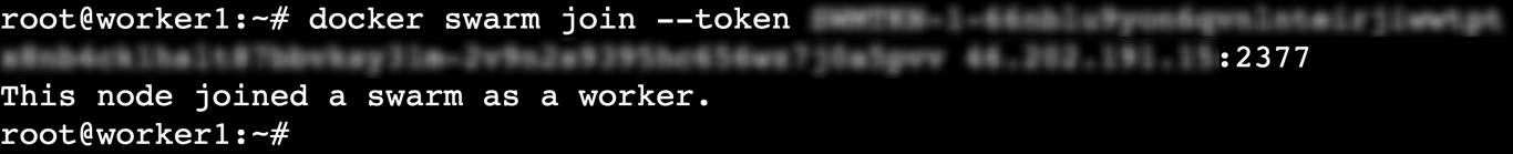 A terminal output showing a worker node has successfully joined a swarm
