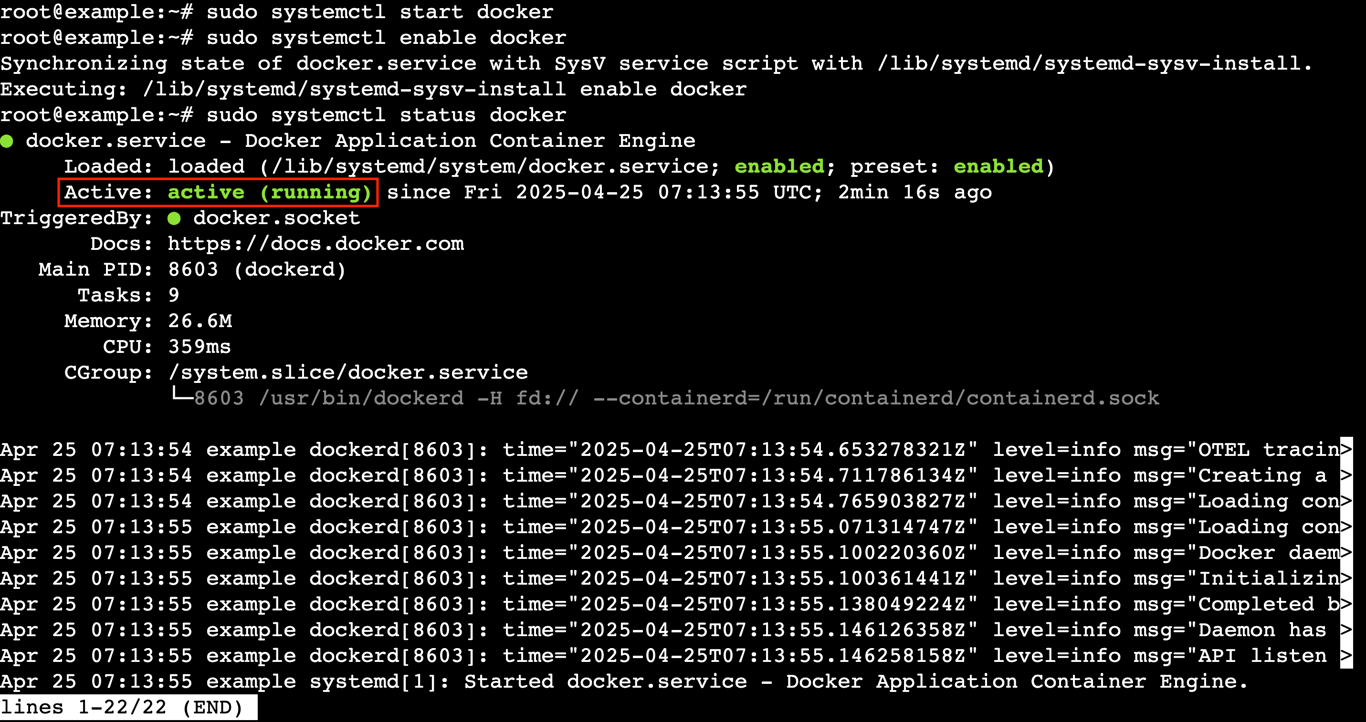A terminal output showing an active (running) status for the Docker service