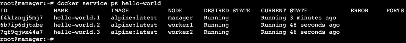 A terminal output showing the hello-world service runs across three nodes