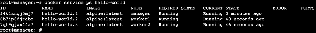 A terminal output showing the hello-world service runs across three nodes
