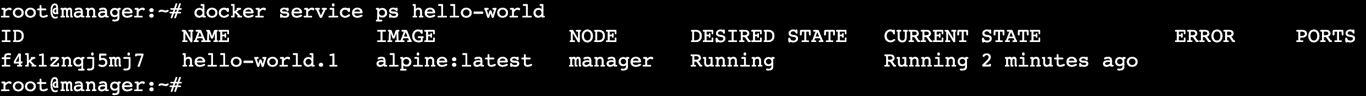A terminal output showing that the hello-world service runs on the manager node